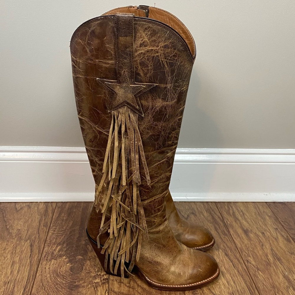 Lucchese Brown Leather Fringe Star Tall Heeled Boots - Picture 2 of 12